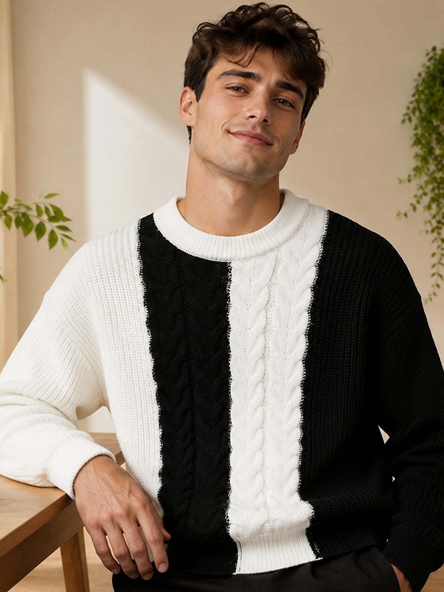 Men'S Vertical Stripe Color-Block Jacquard Round Neck Sweater, Loose Drop Shoulder Fit, Casual Relaxed Style, Flattering for All Body Types, Ideal for Daily Outings, Dates, And Commuting - SINBOS - Black