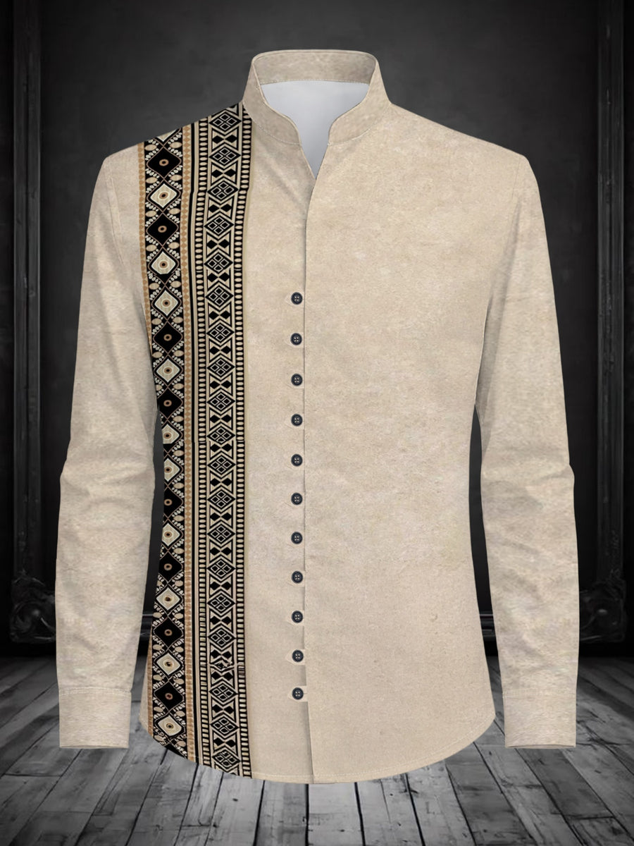 Men's Ethnic Style Stand Collar 11-Row Button Printed Long-Sleeve Shirt Fashionable Geometric Pattern Design Casual Versatile Top Women's Clothing - Mixed colors