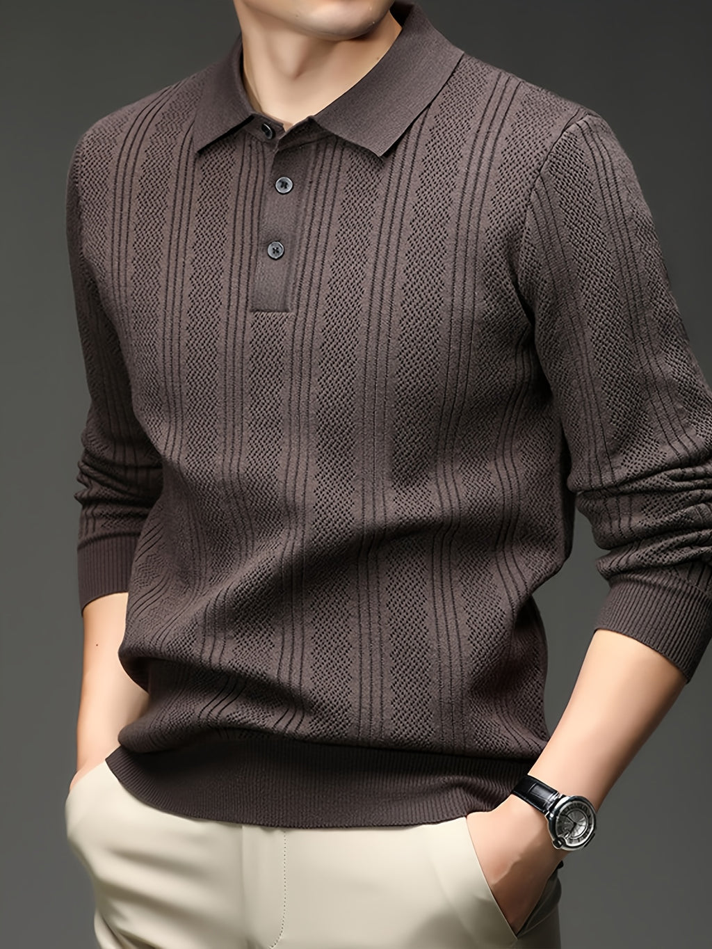 Autumn Renewal 1pc: Black Knitted Long-Sleeve Polo Shirt for Middle-Aged Men, Vertical Stripe Jacquard, Three-Button Lapel, Business Casual, Slim Fit for Spring/Autumn, Commuting and Daily Layering Top - Coffee Color