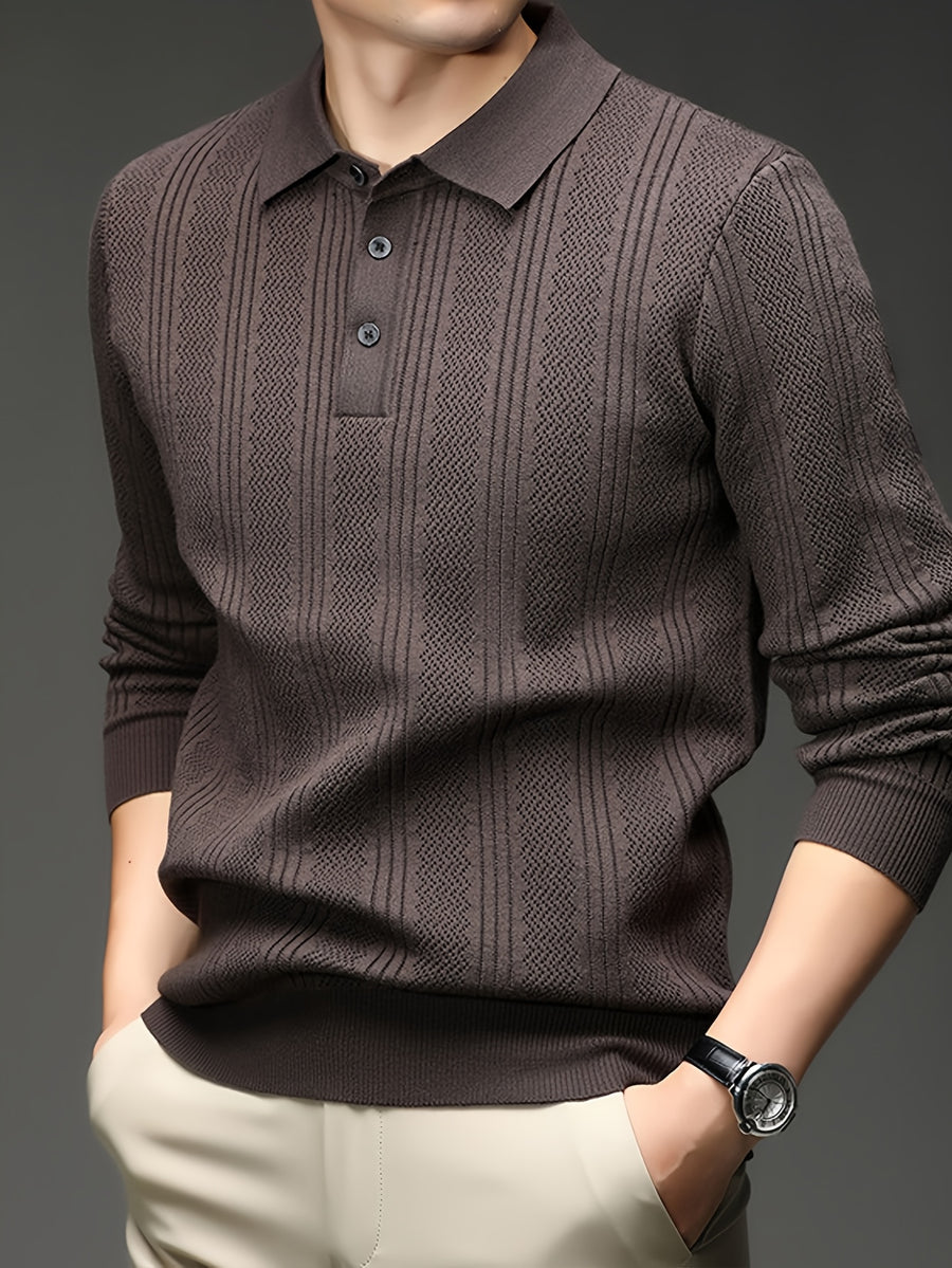 Autumn Renewal 1pc: Black Knitted Long-Sleeve Polo Shirt for Middle-Aged Men, Vertical Stripe Jacquard, Three-Button Lapel, Business Casual, Slim Fit for Spring/Autumn, Commuting and Daily Layering Top - Coffee Color