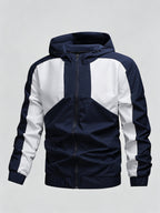 Men's Color Block Patchwork Hooded Sport Jacket with Adjustable Drawstring Hood and Zipper, Versatile Casual Jacket for Campus, Commuting, Hiking, Jogging, and Daily Wear - 25016 - Dark Blue