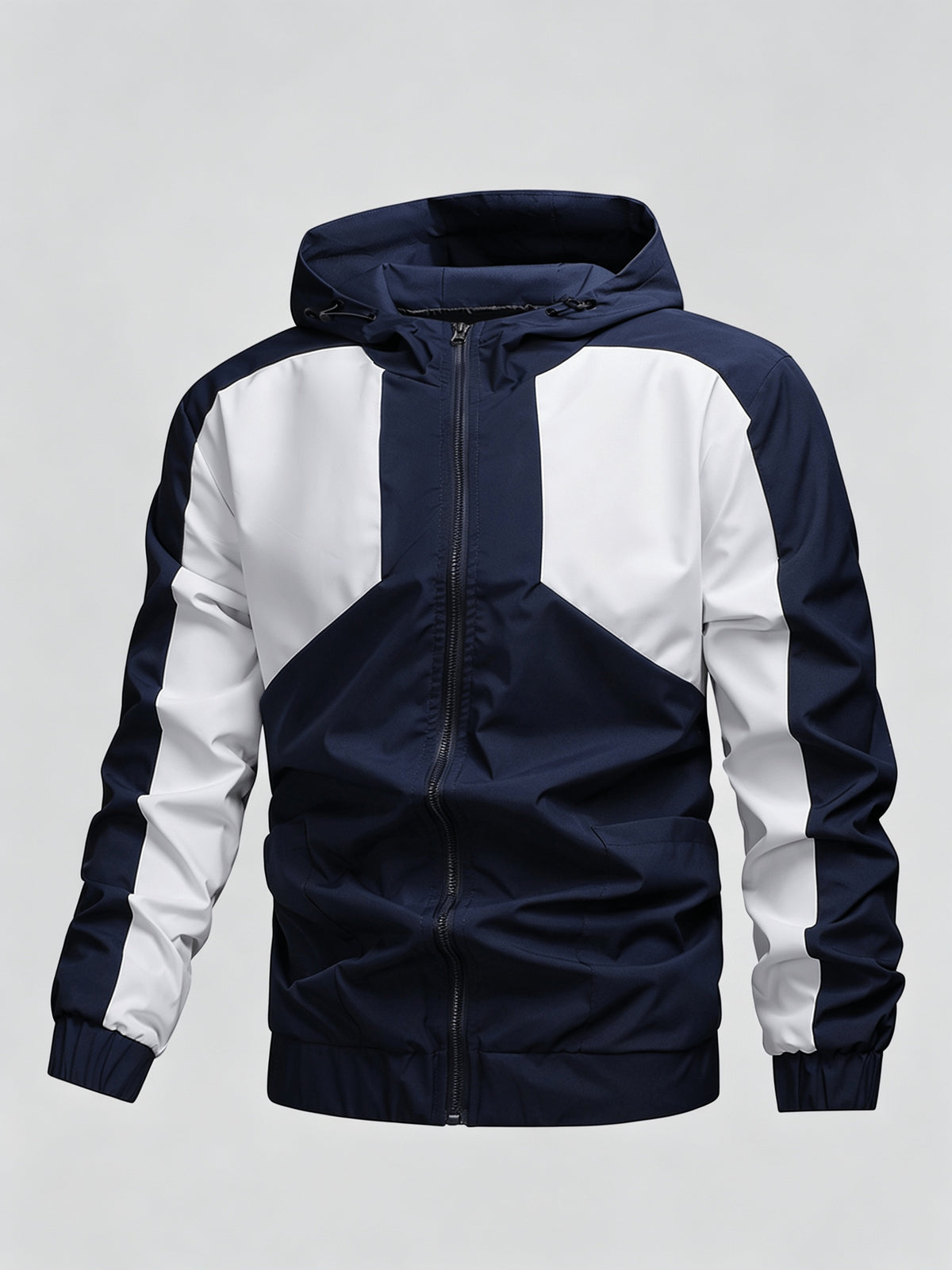 Men's Color Block Patchwork Hooded Sport Jacket with Adjustable Drawstring Hood and Zipper, Versatile Casual Jacket for Campus, Commuting, Hiking, Jogging, and Daily Wear - 25016 - Dark Blue