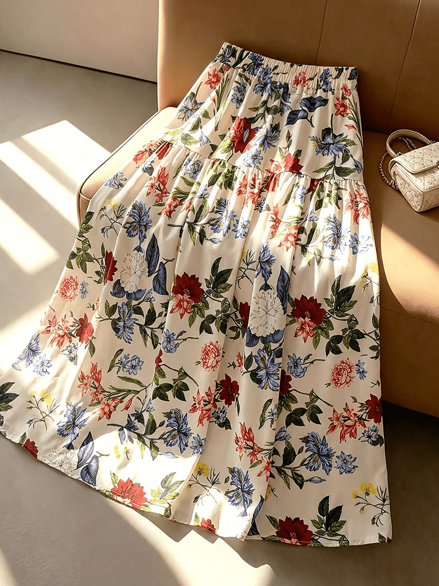 Women'S Multicolor Printed Elastic Waist Tiered Long Skirt, Beige, Spring Summer Fall Style, Bohemian Aesthetic, Picnic And Vacation Wear, Elegant Choice, Street Photography, Teacher Outfit - Flower