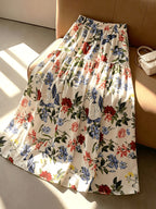 Women'S Multicolor Printed Elastic Waist Tiered Long Skirt, Beige, Spring Summer Fall Style, Bohemian Aesthetic, Picnic And Vacation Wear, Elegant Choice, Street Photography, Teacher Outfit - Flower