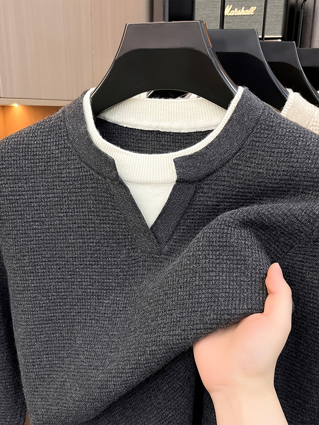 Men's Small V-Neck 2-in-1 Look Waffle Knit Textured Fabric Color-Blocked Double-Layer Neckline Soft, Warm, and Cozy Pullover Top for Spring and Autumn Casual Layering - Deep Gray