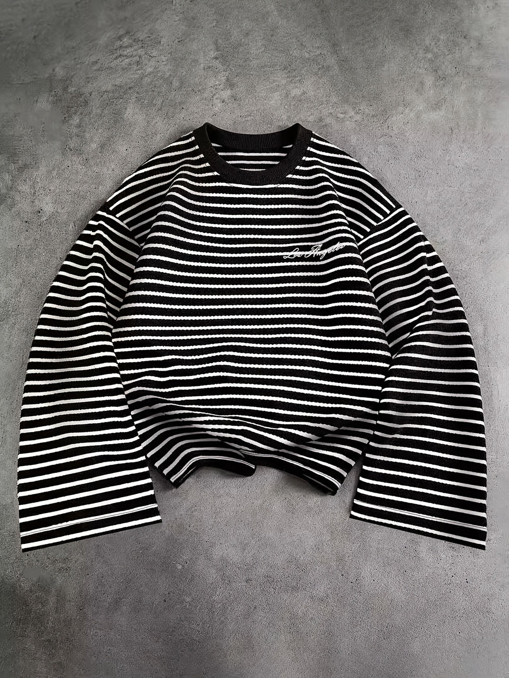 Men's Color-Block Striped Knit Long-Sleeve Shirt, Los Angeles Letter Print Crewneck Pullover, Street Style Casual Top - Black