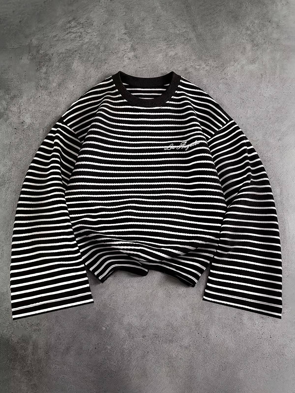 Men's Color-Block Striped Knit Long-Sleeve Shirt, Los Angeles Letter Print Crewneck Pullover, Street Style Casual Top - Black
