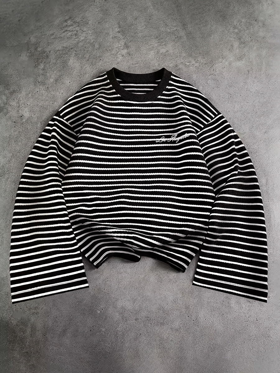 Men's Color-Block Striped Knit Long-Sleeve Shirt, Los Angeles Letter Print Crewneck Pullover, Street Style Casual Top - Black