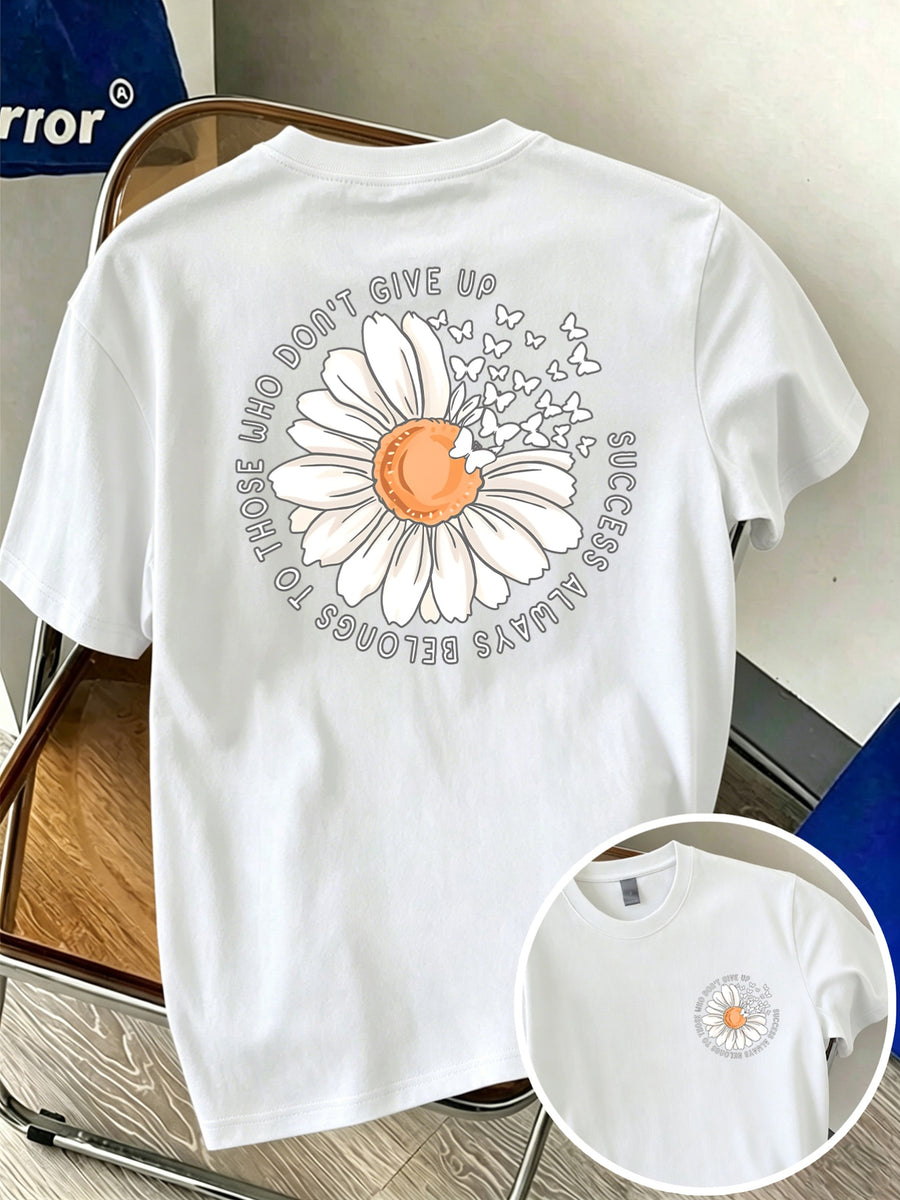 Men's 100% Pure Cotton Comfortable Casual Soft Breathable Daisy and Butterfly Print Short-Sleeve T-Shirt for Spring and Autumn Daily Commuting - White
