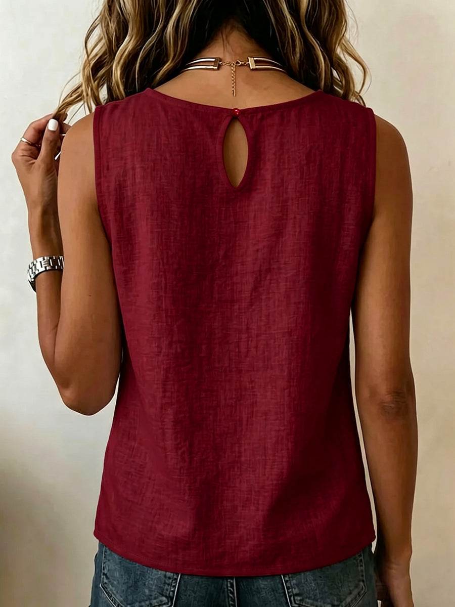 Summer Minimalist Style Round Neck Side-Button Versatile Sleeveless Shirt - Burgundy
