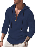Men'S Linen Hooded Drawstring Henley Shirt Breathable Skin-Friendly Anti-Wrinkle Drape Daily Commute/Outdoor Leisure/Light Exercise Drawstring Hood And Button-Up Placket Loose All-Match Multi-Color Optional - Navy Color