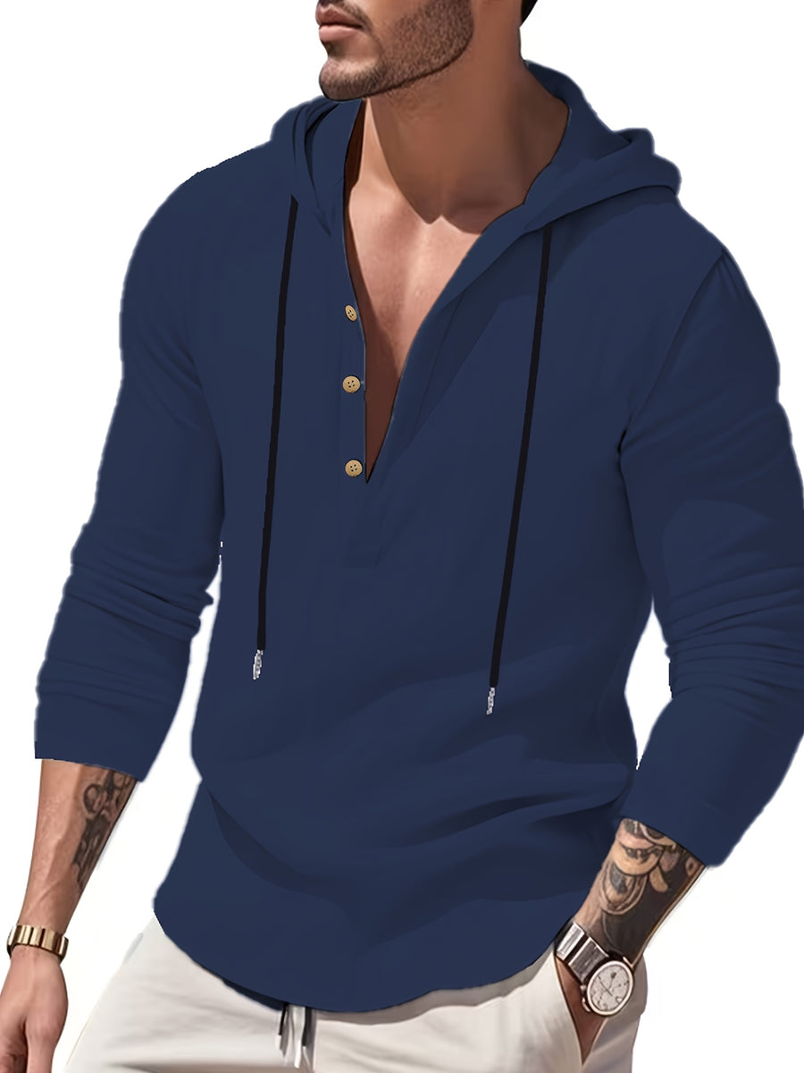 Men'S Linen Hooded Drawstring Henley Shirt Breathable Skin-Friendly Anti-Wrinkle Drape Daily Commute/Outdoor Leisure/Light Exercise Drawstring Hood And Button-Up Placket Loose All-Match Multi-Color Optional - Navy Color