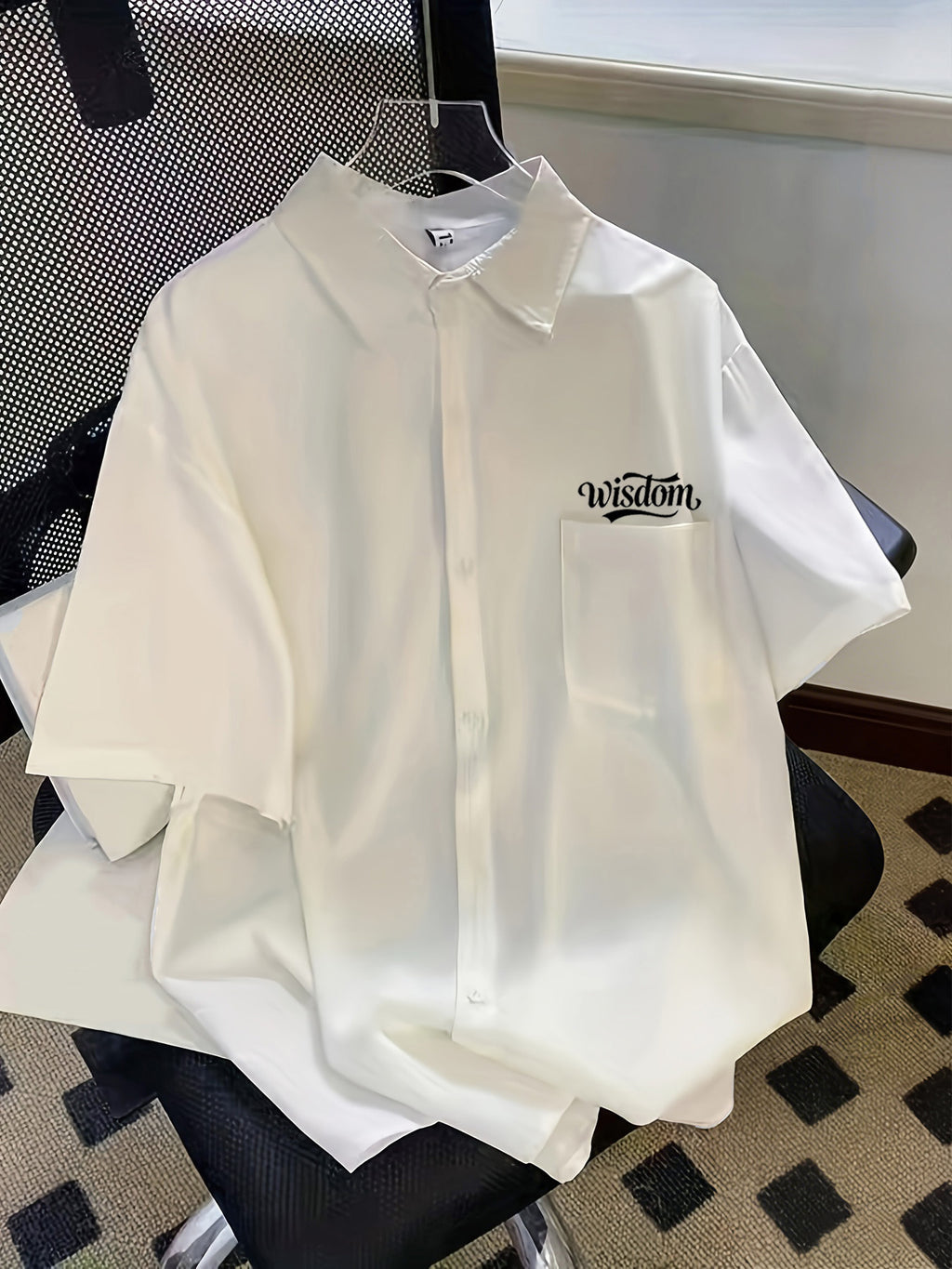 Summer New Easy Relaxed Lazy Trendy Men'S Letter Print Lapel Short Sleeve Solid Color Thin Casual Shirt - White