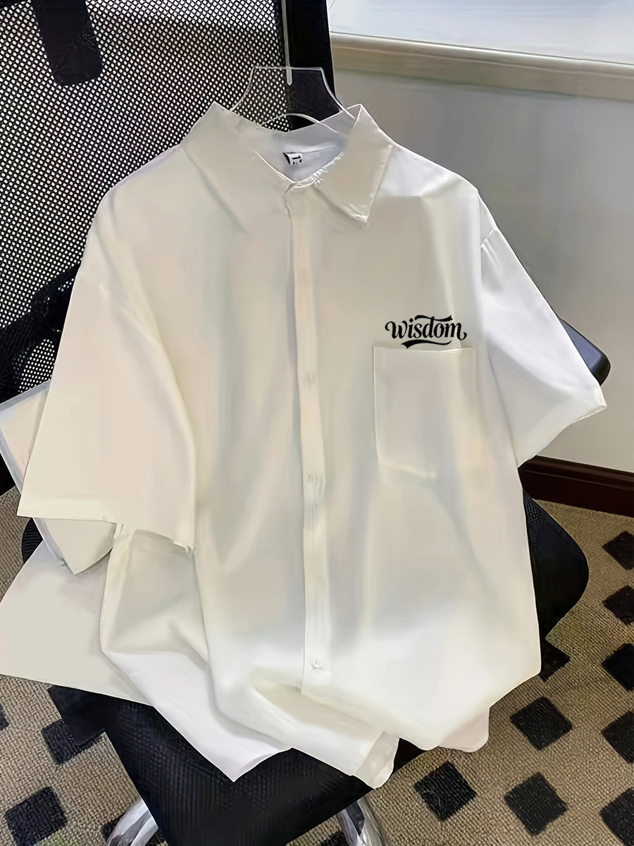Summer New Easy Relaxed Lazy Trendy Men'S Letter Print Lapel Short Sleeve Solid Color Thin Casual Shirt - White