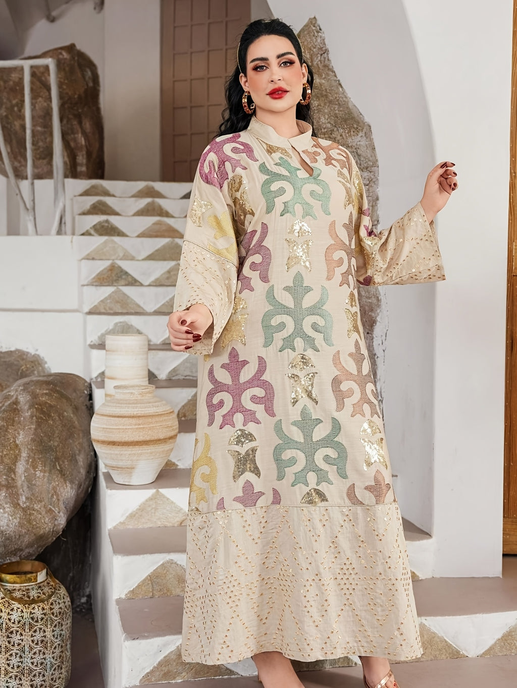 Elegant Multi-Color Directional Heavy Industry Golden Colorful Beaded Arabic Women's Dress, 2026 Summer/Autumn Women's Holiday Party Attire, Jalabiya Small V-Neck Long Sleeve Colorful Geometric Pattern Black Robe, Fashionable, Elegant - Apricot