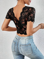 Elegant Lace Cropped T-Shirt for Women, Deep V-Neck Solid Color Sexy Jersey Top, Polyester Elastane Blend, Knit Fabric Vest for All Seasons - Black