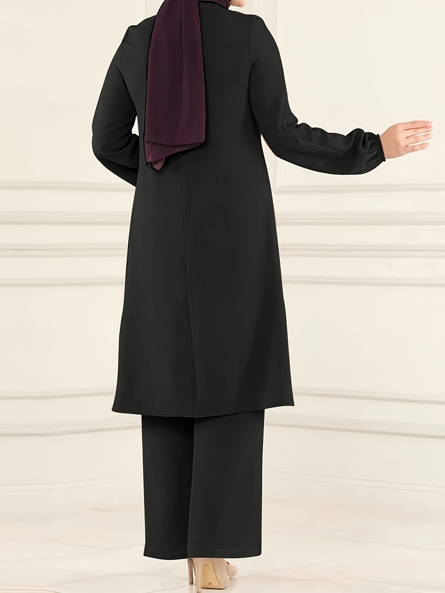 A Two-Piece Set Featuring a Solid Color Round-Neck Shirt Paired with Loose Long Pants, Designed for Middle Eastern Women'S Casual Fashion, Suitable for Turkish Women'S Attire - Black