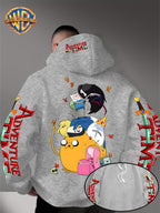 Warner Bros. Men's Adventure Time Full Cast Themed Trendy Fashion Pullover Hoodie with Family Portrait Character Print - Light Grey
