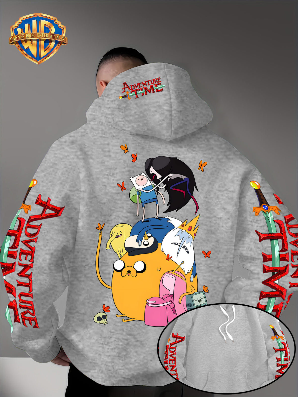 Warner Bros. Men's Adventure Time Full Cast Themed Trendy Fashion Pullover Hoodie with Family Portrait Character Print - Light Grey