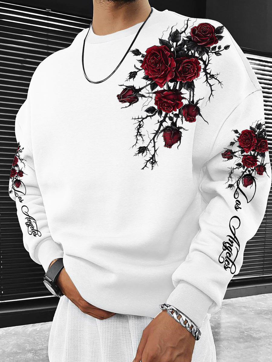 Men's Crew Neck Sweatshirt, Casual Rose with Thorns, New Autumn/Winter Men's Apparel - White