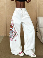 1pc High-waisted Heavy Embroidered Tiger and Floral Loose-fit Women's Denim Pants, Street-style Trendy and Versatile High-waisted White Wide-leg Pants, Belt/accessories Not Included - White