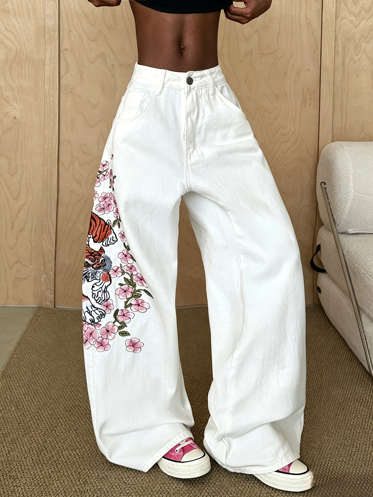 1pc High-waisted Heavy Embroidered Tiger and Floral Loose-fit Women's Denim Pants, Street-style Trendy and Versatile High-waisted White Wide-leg Pants, Belt/accessories Not Included - White