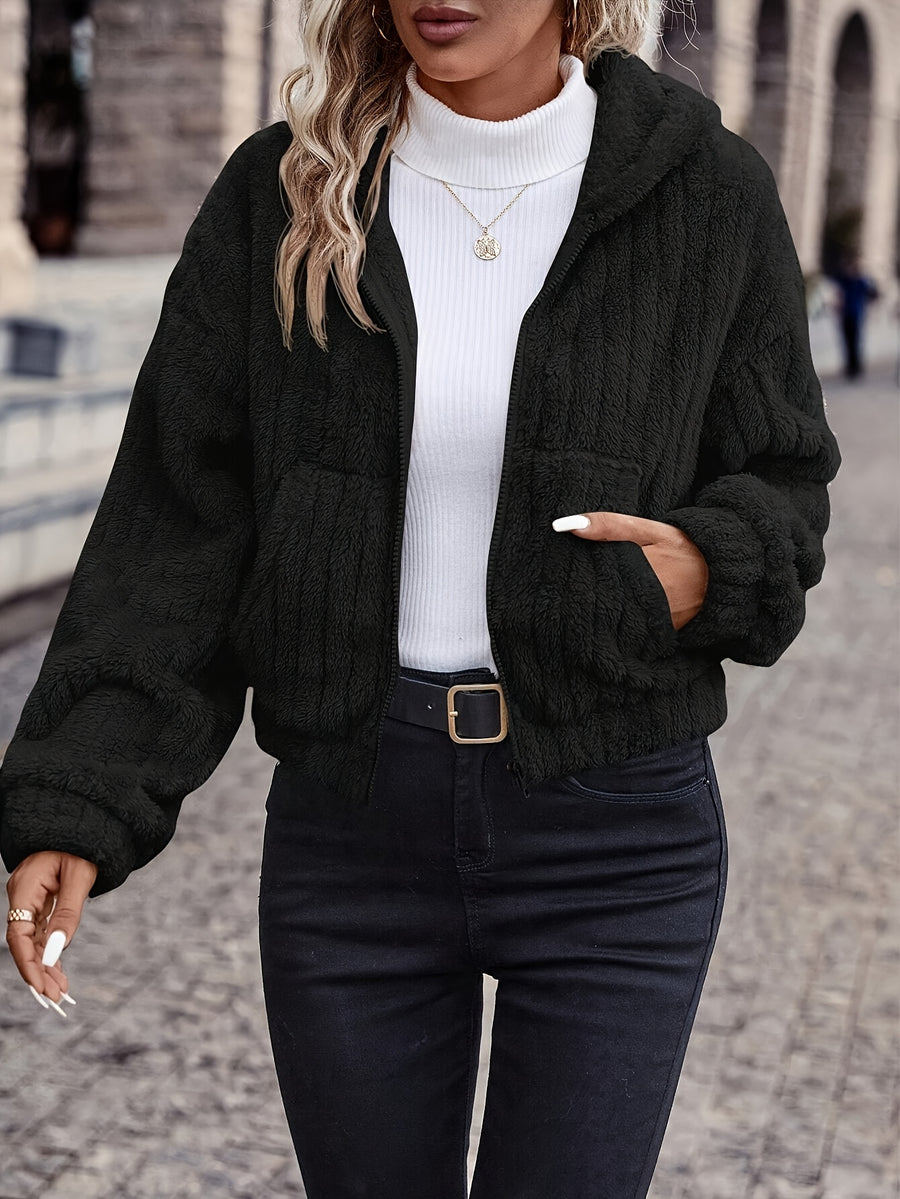 Solid Color Double-Sided Plush Zipper Hooded Cardigan, Women's Casual Plush Coat for Autumn and Winter - Black