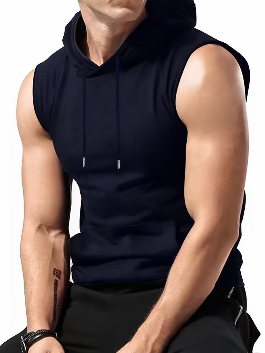 Men's Athletic Hooded Sleeveless Shirt - Gym Workout Top with Hood, Breathable Fabric for Running, Training, Casual Streetwear - Machine Washable Muscle Shirt (Non-Transparent), Workout Clothes, Training Gear, Sporty Design, Comfortable Fit, Performance - Navy Color