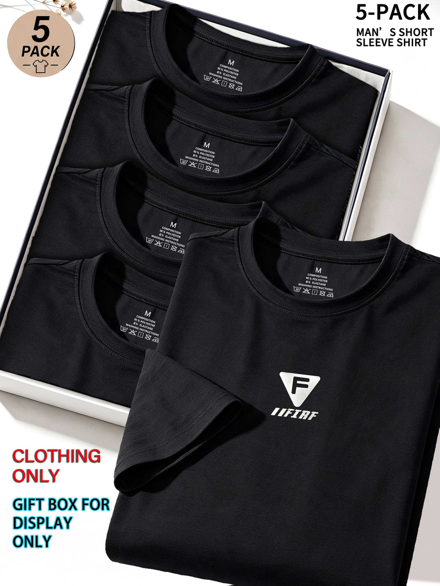 5pcs Men's Sports & Fitness Breathable Quick-Dry T-Shirts, Outdoor Travel Casual Running Printed Short-Sleeve Tees, Easy to Clean and Maintain, Lightweight T-Shirts for Daily Leisure and Gatherings, Classic Crew Neck Shirts - Black-5PCS