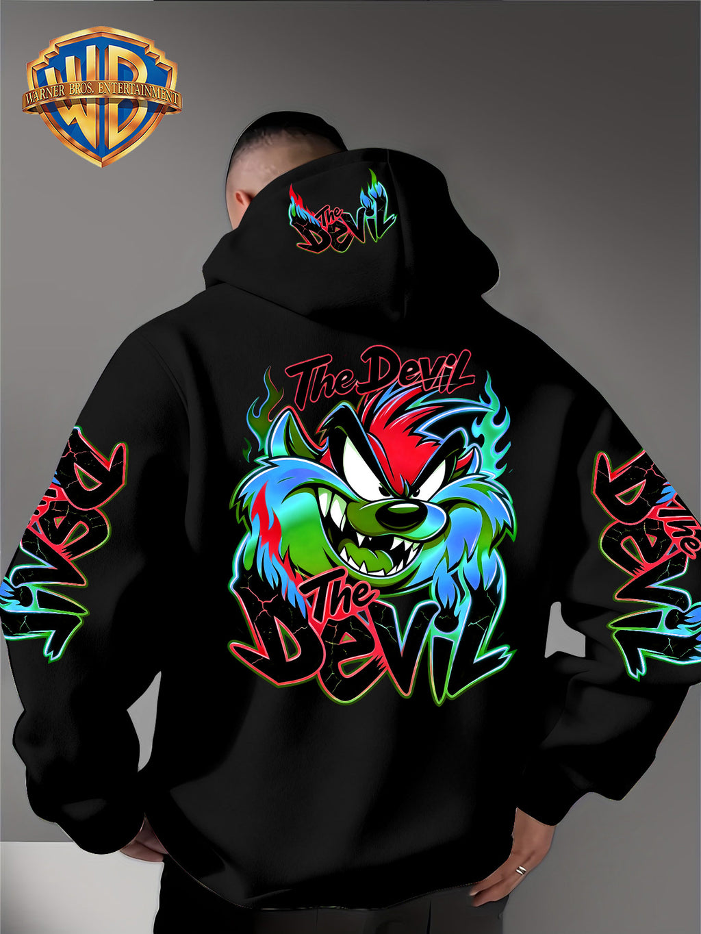 Le Yitong Flame Style Color-Block Graffiti Big Mouth Monster The Devil Print Hoodie, with Sleeve Print Design, Kangaroo Pouch And Drawstring Hood, Suitable for Autumn/Winter Casual Wear And Outdoor Activities - Black