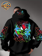 Le Yitong Flame Style Color-Block Graffiti Big Mouth Monster The Devil Print Hoodie, with Sleeve Print Design, Kangaroo Pouch And Drawstring Hood, Suitable for Autumn/Winter Casual Wear And Outdoor Activities - Black