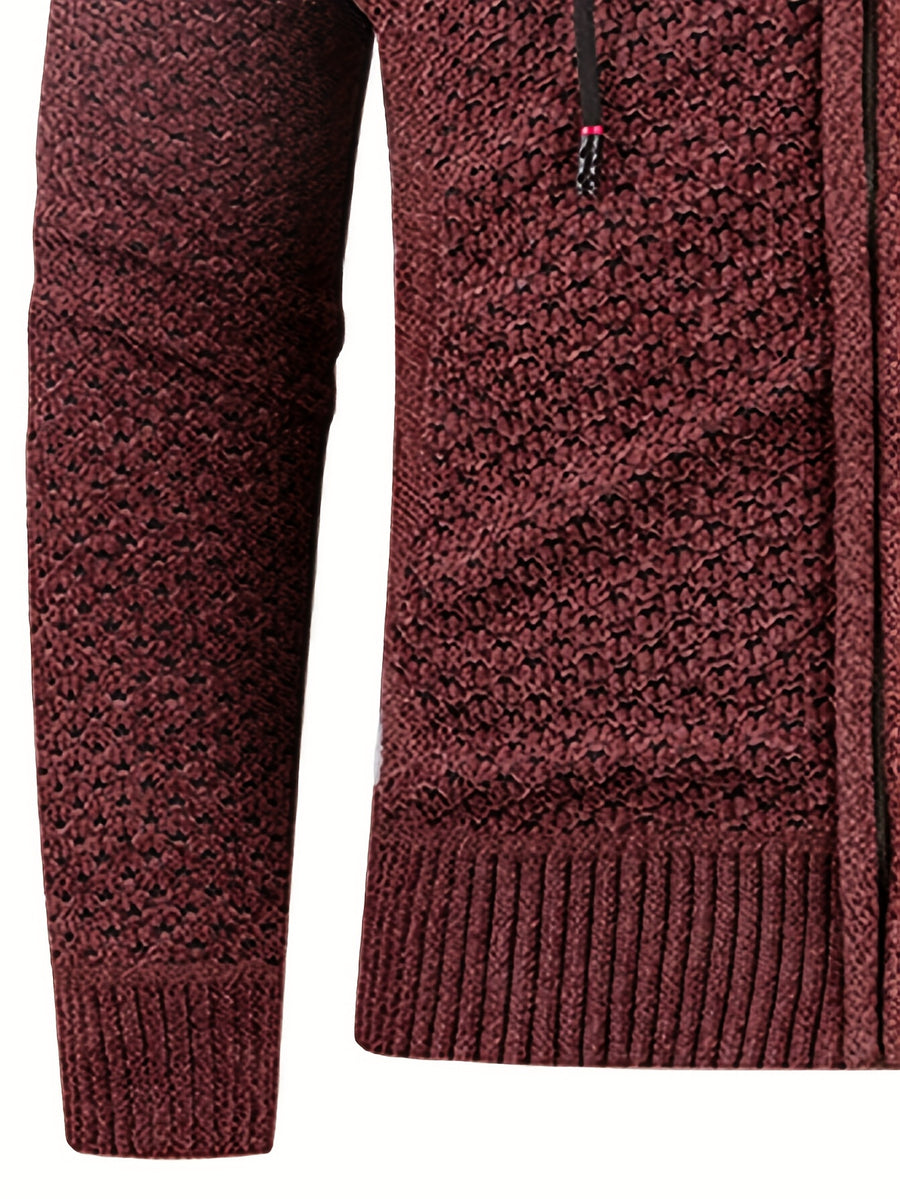 Solid Color Men'S Autumn And Winter New Style Men'S Coarse Yarn Knitted Long Zipper Cardigan Long Sleeved Hooded Drawstring Fashionable Casual Business Versatile with Thick Velvet Insulation Pocket Sports Vitality Elastic Jacket - Coffee Color