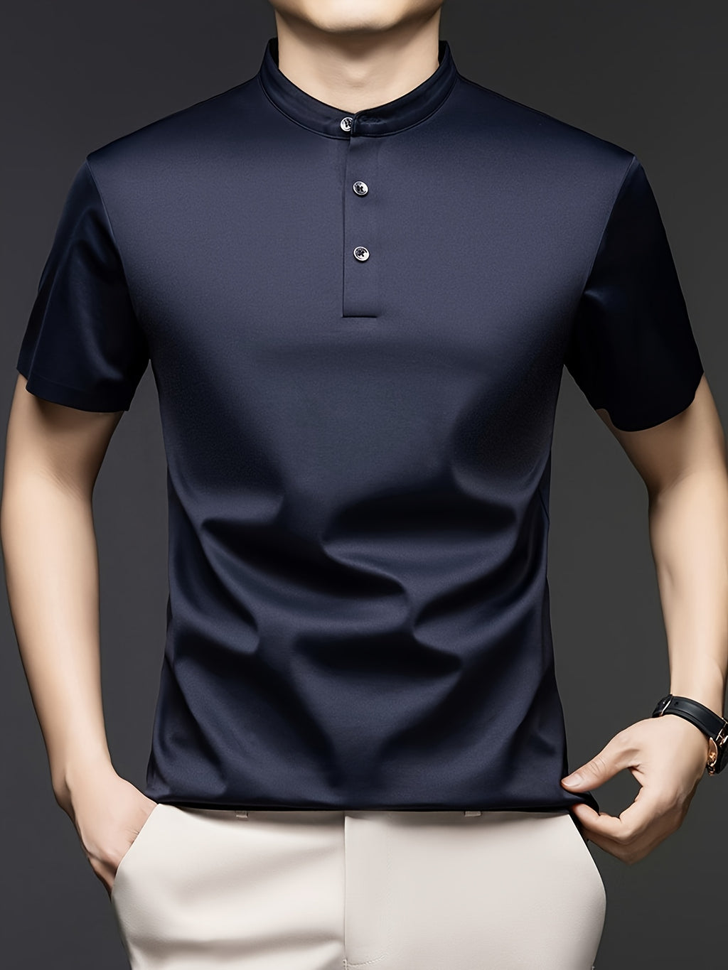 Joshime OBM Men's T-Shirt, New Summer Style, Men's Stand Collar Solid Color Short Sleeve Tee, Middle-Aged Casual Half-Sleeve T-Shirt - Navy Color