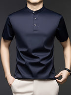 Joshime OBM Men's T-Shirt, New Summer Style, Men's Stand Collar Solid Color Short Sleeve Tee, Middle-Aged Casual Half-Sleeve T-Shirt - Navy Color