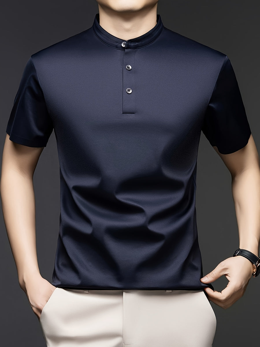 Joshime OBM Men's T-Shirt, New Summer Style, Men's Stand Collar Solid Color Short Sleeve Tee, Middle-Aged Casual Half-Sleeve T-Shirt - Navy Color