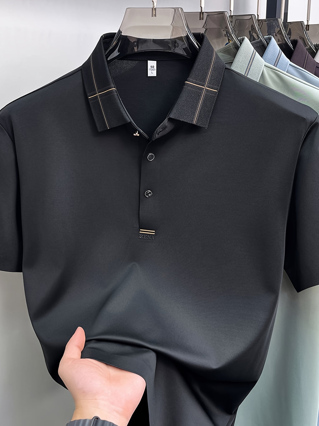 Men's Summer Polo Shirt with Plaid Contrast Collar, Seamless Construction for a Restrictive-Free Feel, a Comfortable Choice for Summer Commuting, Outdoor Activities, and Business Meetings - SINBOS - Black