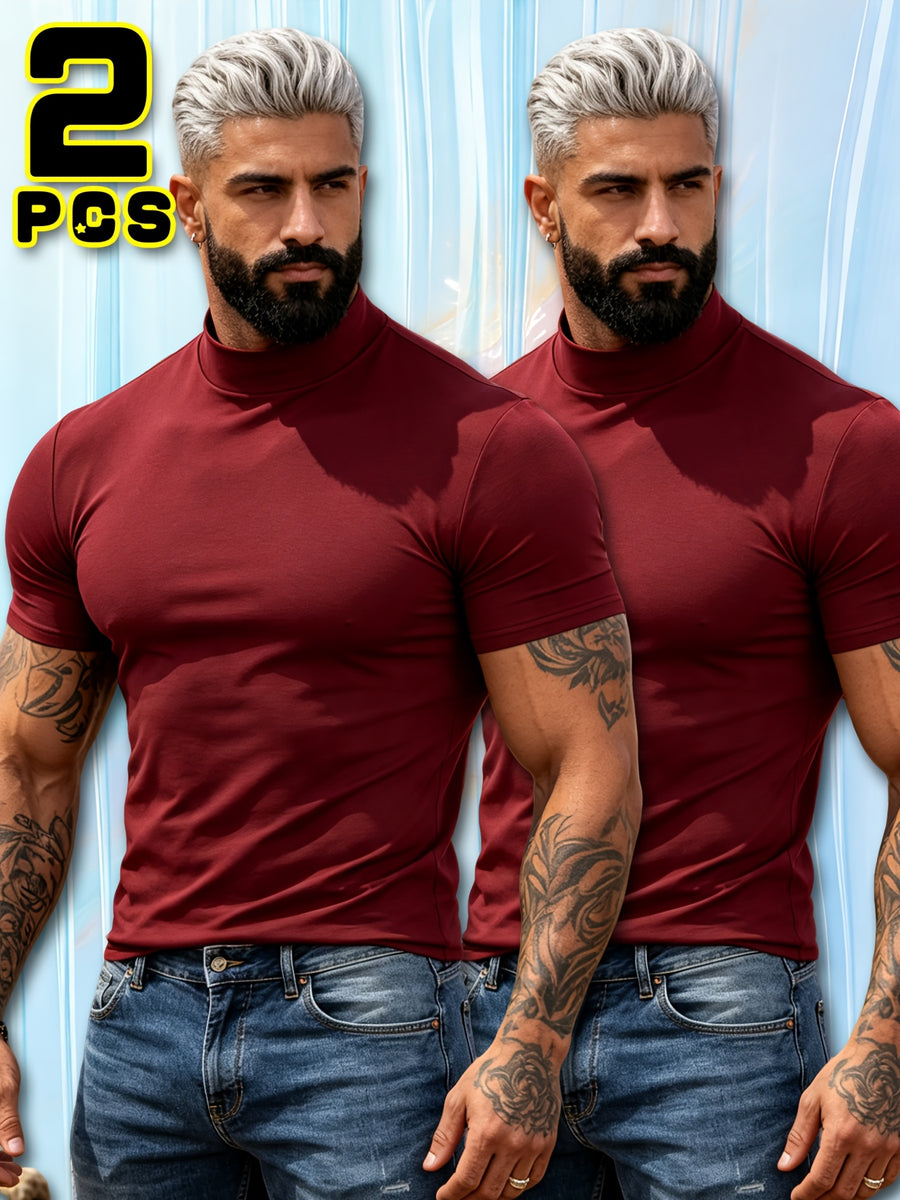 Summer Breathable Solid Color Half-Neck Short Sleeve 2pcs Set Men'S Shaping Slimming High-Elastic Fabric Light Luxury Fashion Fitness Sports Daily Wear Easy Premium Feel Versatile Base Top - Burgundy