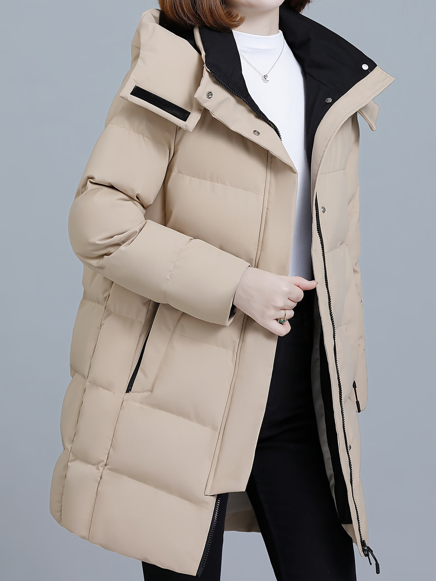 Women's Hooded Mid-Length Padded Coat with Black Contrast Lining, Zipper and Snap Button Double Front Placket, Plus Size Loose Fit, Checkered Overlock Stitching with Anti-Slip Padding, Drawstring Adjustable Hem, Zippered Side Pockets - Khaki
