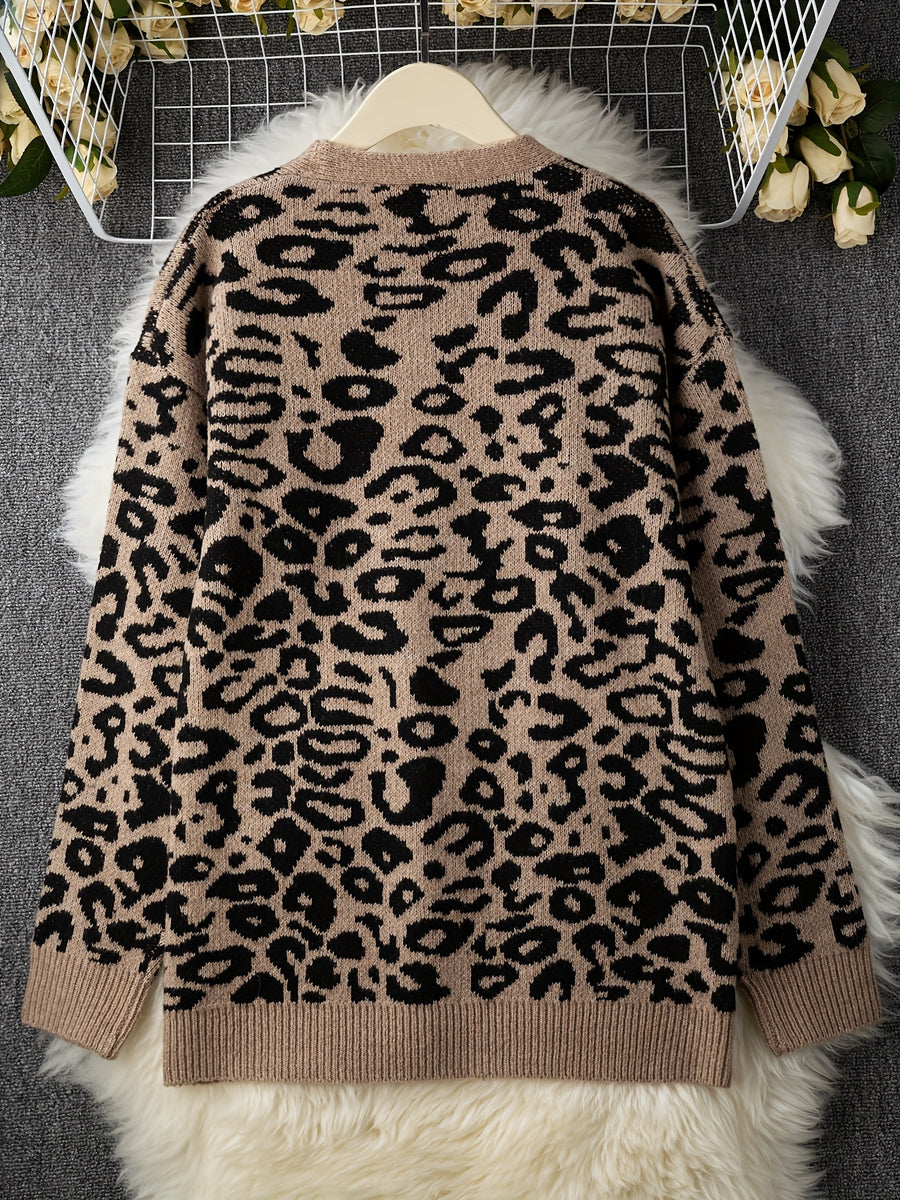 2025 Autumn New Loose Fit Fashionable Mid-Length Cardigan, Lazy Style V-Neck Leopard Print Patchwork Sweater, Gavin - Mixed colors