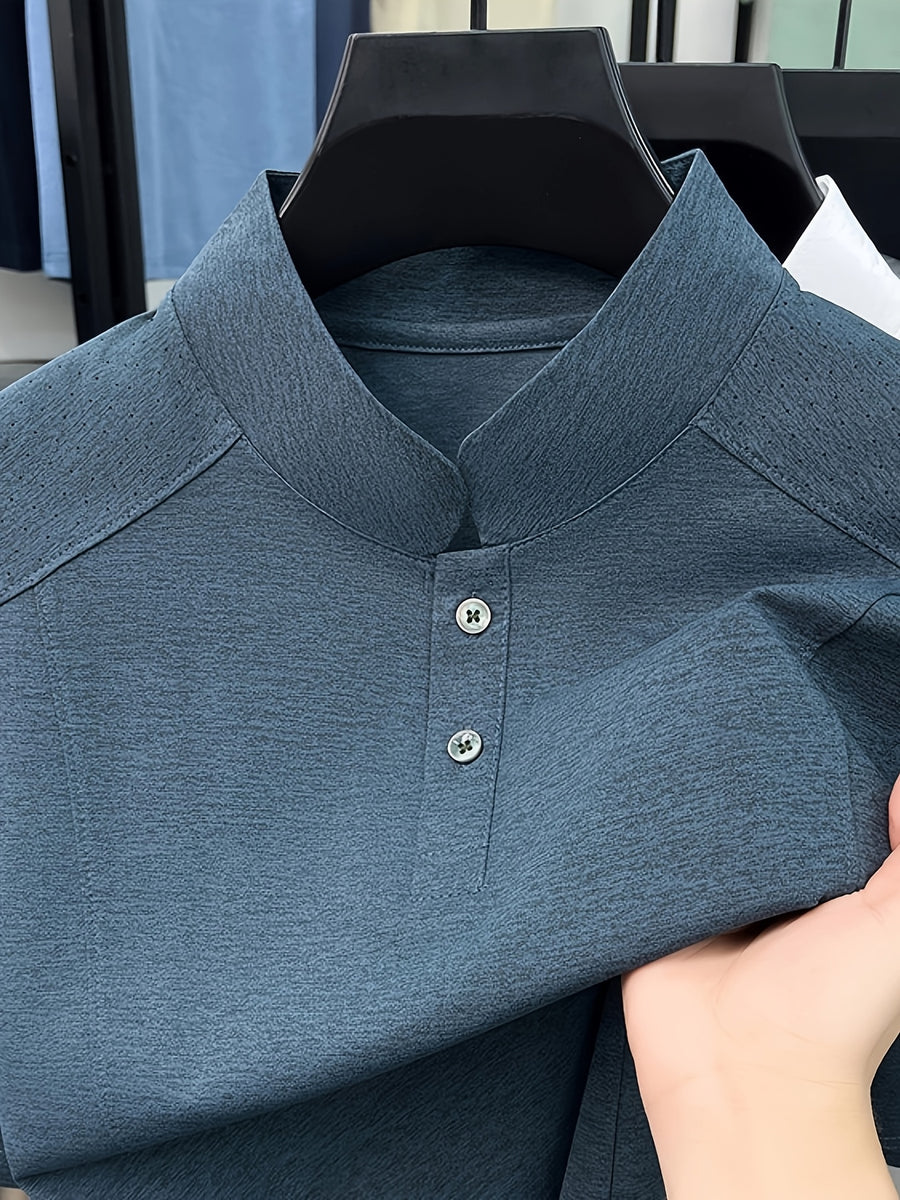 Men's Summer Short-Sleeve Stand Collar T-Shirt - Breathable Small Base Layer Shirt, Solid Color Business Casual Top Suitable for Daily Work Wear, Machine Washable & Dry Cleanable, Asymmetrical Hem - Cyan