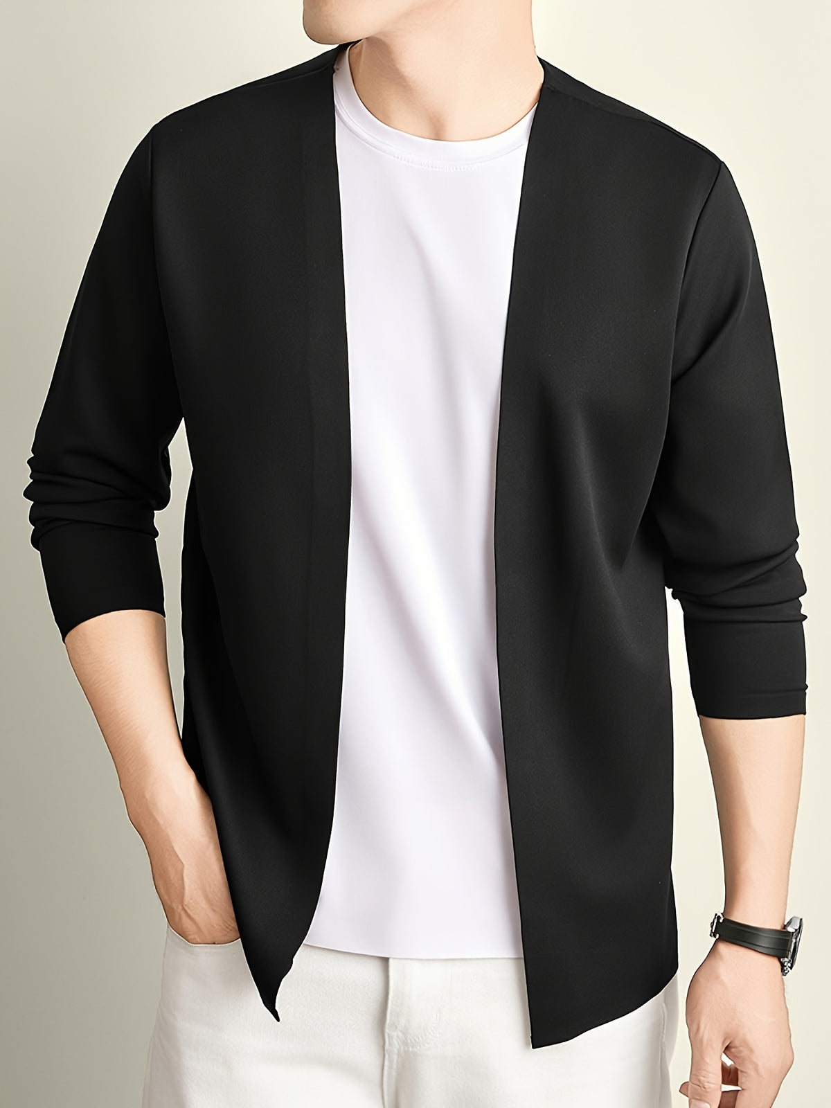 Men's Open Front Cardigan Long Sleeve V Neck Lightweight Solid Color Outerwear Casual Business Layering Jacket for Daily Wear - Black