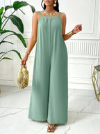 Chic Women's Sleeveless Solid Color Jumpsuit - Casual Polyester and Spandex, Ruched Design, Wide Leg, Machine Washable - Vibrant Solid Color, Casual Wear Jumpsuit | Chic Sleeveless Jumpsuit | Flowy Draped Style - Mineral Green
