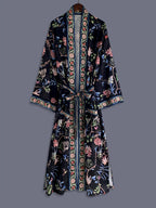 Bohemian Color-Block Small Floral Print Mid-Length Long Sleeve Kimono Cardigan Thin Jacket Women'S Elegant Casual Cover-Up Beach Vacation Resort Shawl Japanese Style Thin Cloak Jacket Hem Slit Pockets Home Bathrobe Belt Bathrobe Cover-Up Robe - Black