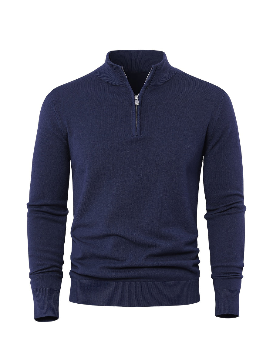2025 New Men's Casual Solid Color Knit Zip-Front Sweater - Thickened Warm Top - Fashionable Minimalist Style with Medium Stretch for Daily Comfort, Men's Essential Cold-Weather Item, High-Quality Autumn/Winter Fashionable and Mature Pullover - Royal Blue