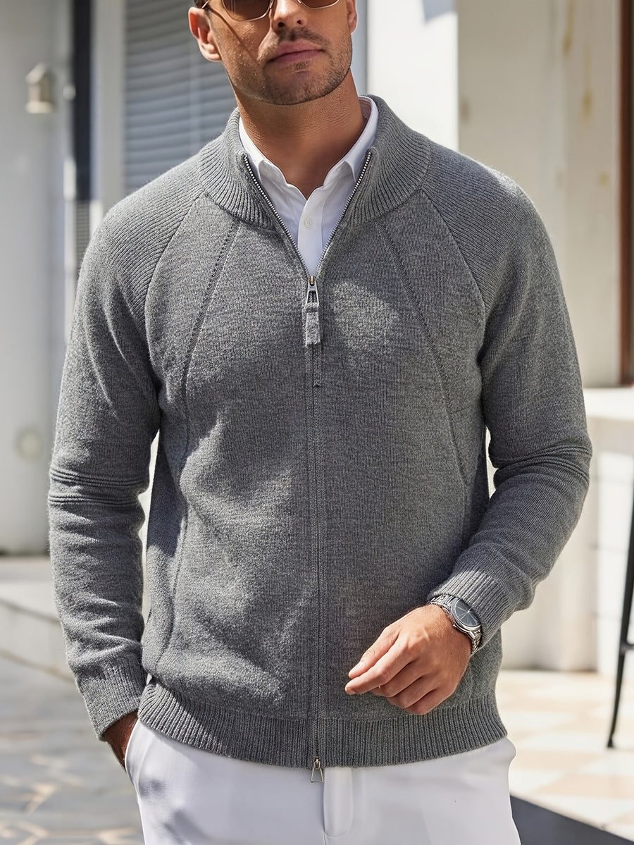 Men'S Knit Cardigan Autumn Winter Double-Headed Zipper Thickened Jacket Fashion Casual All-Match Stand Collar Sweater - Dark Gray