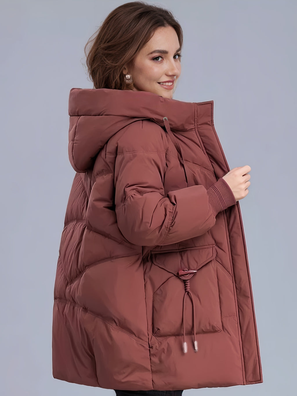 Autumn/Winter Elegant Temperament Commuter Mid-Length Hooded Women's Jacket with Large Pockets, Zipper Faux Puffer Coat, Women's Winter Overcoat - Burgundy