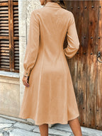 Women'S Elegant Solid Color Long Sleeve Dress, Fashionable Button-Detail Waist-Cinching Mid-Length Dress - Orange
