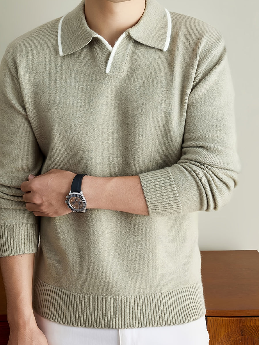 Men'S Color-Block Trimmed Lapel Long Sleeve Knit Sweater, Ribbed Cuffs And Hem, Versatile for Casual And Business Casual Wear - Light Green