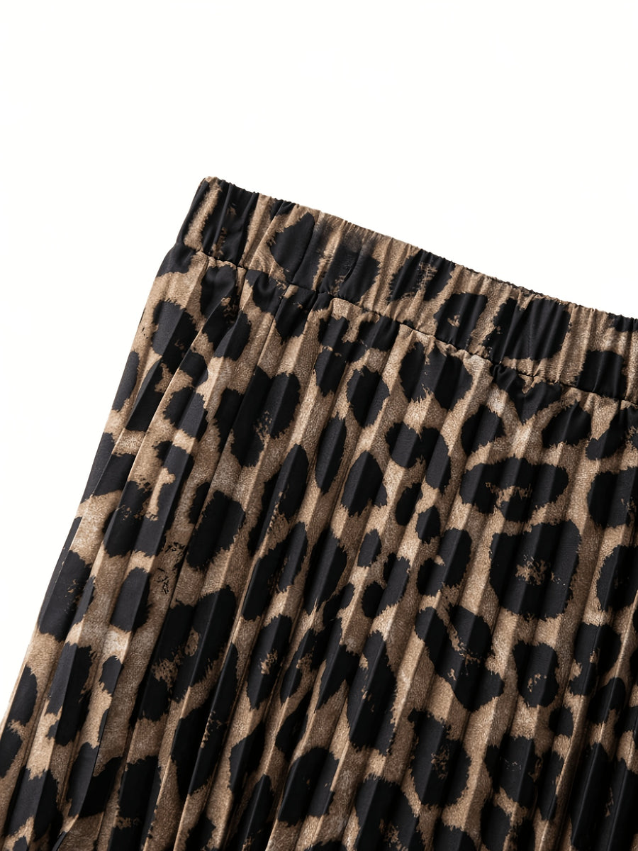 Cherry Light Mature Style Leopard Print Pleated Skirt High Waist Elastic Waist Drape Large Swing Long Skirt Midi Skirt - Coffee Brown