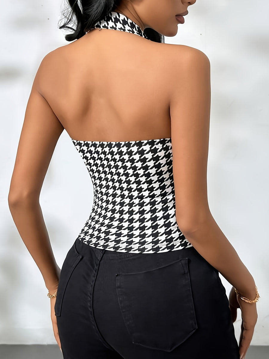 Houndstooth Print Women's Slim-fit Halter Top - Black/White Grid